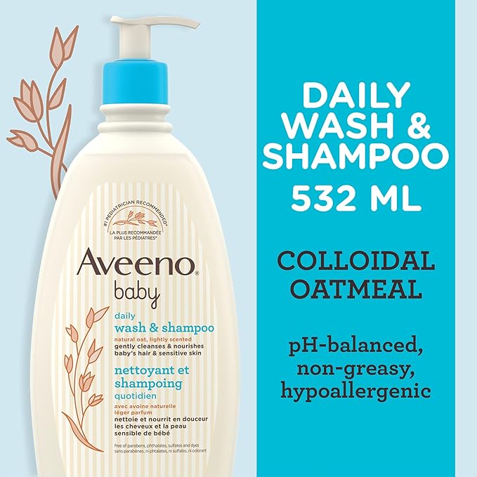 Aveeno Baby Daily Moisture Gentle Body Wash & Shampoo with Oat Extract, 2-in-1 Baby Bath Wash & Hair Shampoo 18 fl.