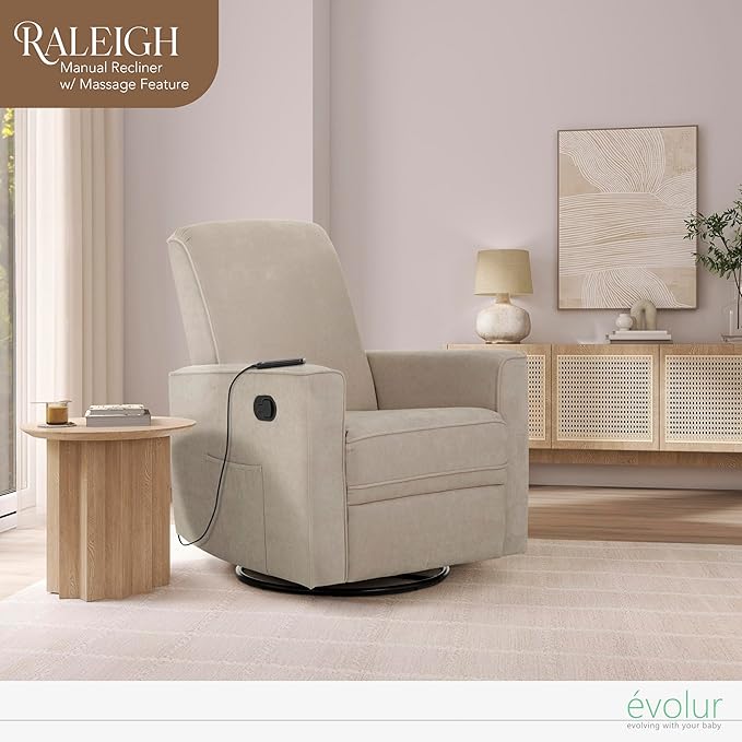 Evolur Raleigh Glider with Massager in Charcoal, Upholstered Plush Seating 360° Swivel Glider Rocking Chair, FSC Certified, Greenguard Gold & JPMA Certified Nursery Glider Recliner