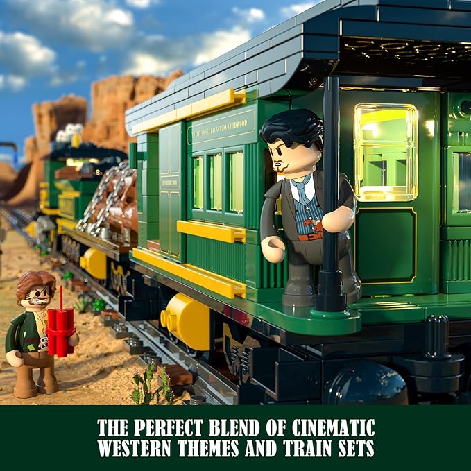 Funwhole Wild West Freight Train Lighting Building-Bricks Set - Classic 4-4-0 Locomotive Model 1524 Pcs Ideas Kit for Adult and Teens