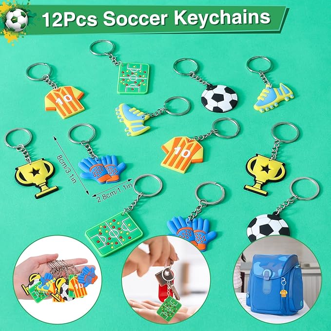 Winrayk 12 Set Soccer Party Favors Sports Birthday Supplies Kids, Non Woven Gift Bags Slap Bracelet Keychain Tattoo Sticker Boys Gift Toy Soccer Pinata Filler Goodie Bag Stuffers Soccer Party Supplies