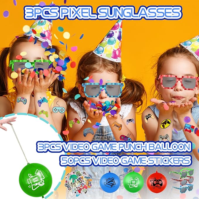Video Game Party Favors, Gaming Birthday Party Supplies with Mini Game Player Pixel Sunglasses Finger Lights Slap Bracelet Punch Balloon Stamp Bubble Wand 92pcs Birthday Party Favors for Kids