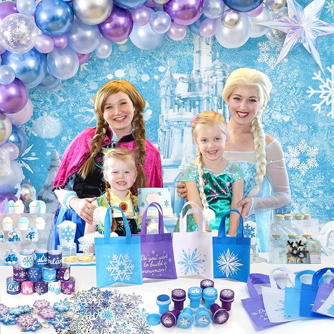 Winrayk 98Pcs Frozen Party Favors Birthday Supplies, Non Woven Tote Bag Snowflake Keychain Sticker Bracelet, Pinata Filler Goody Bag Stuffer Kids Classroom Prize Girls Elsa Frozen Party Supplies Decor