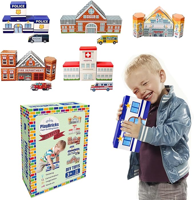 Cardboard Building Blocks, 31 Pack Cardboard Blocks for Kids Jumbo with 5 Building Designs, Thick Cardboard Pretend Brick Blocks for Building and Stacking Game