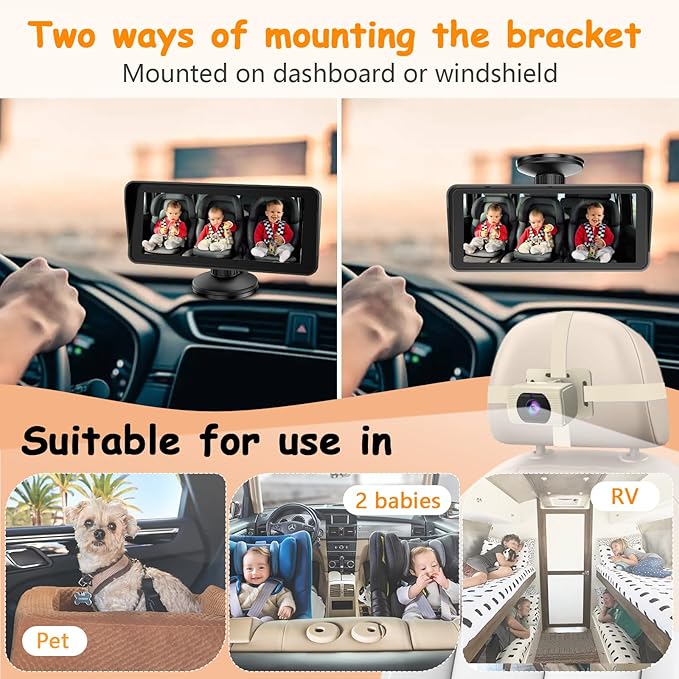 Yakry 2-Kids Baby Car Camera for Seat: 6.9 Inch Split-Screen Display with 2 Cameras Rear Facing - HD 1080P, IR Night Vision, Easy to Install Backseat Camera with 150°Wide Angle White