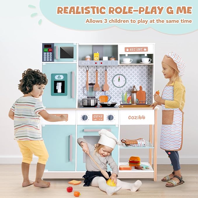 Wooden Play Kitchen for Kids Toddlers, Kitchen Playset with Stove, Oven, Sink, Fridge and Accessories Toy Kitchen Set with Plenty of Play Features, Kids Play Kitchen Designed, Gift for Ages 3+