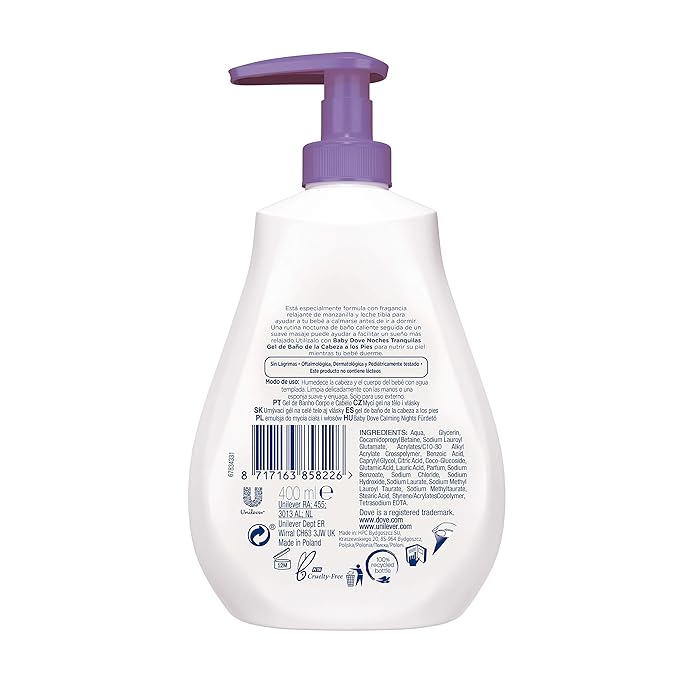 Baby Dove Calming Moisture Sensitive Skin Night Time Wash, 3 Pack Hypoallergenic and Tear-Free Bath Wash 400 ml (3x 13.52