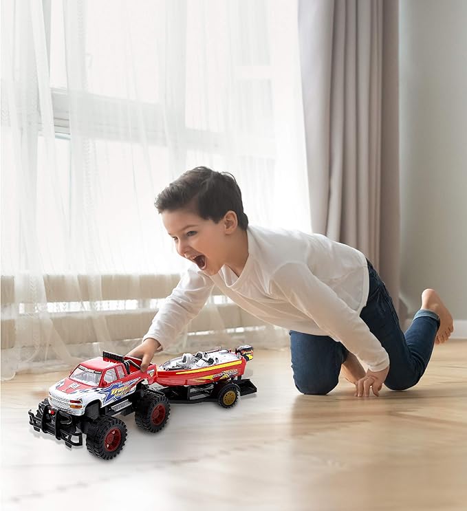 Mozlly Monster Truck Toys Set with Trailer Toy Boat - Friction Powered Hauling Truck and Trailer Toy, Big Toy Monster Truck with Boat 9 Inch