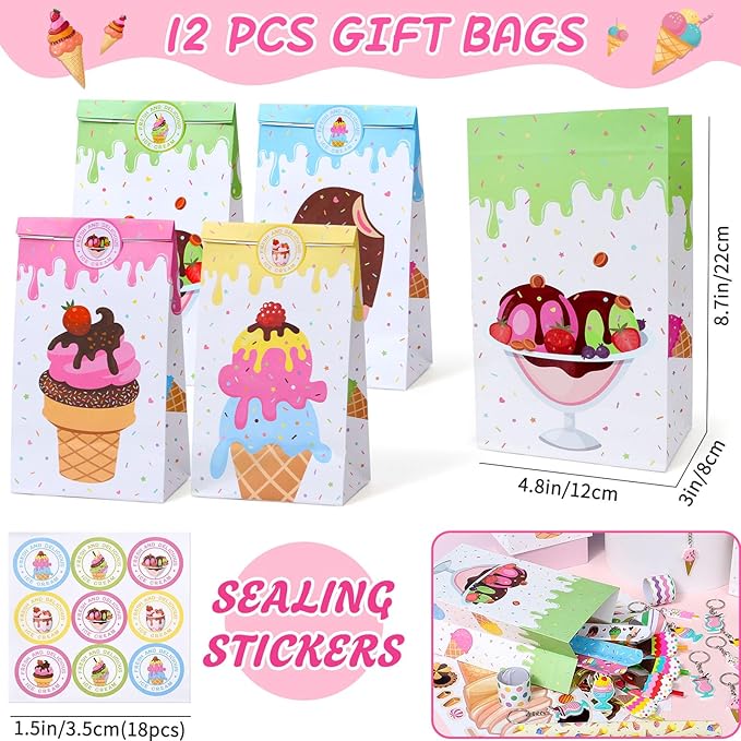 Winrayk Ice Cream Party Favors Birthday Supplies for 12 Kids, Drinking Straw Gift Bag Diy Sticker Keychain Slap Bracelet, Goody Bag Stuffers Pinata Filler Girls Two Sweet Birthday Party Supplies Decor