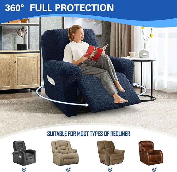 MAXIJIN Recliner Cover Slipcovers for Living Room 4 Pieces Stretch Jacquard Recliner Chair Cover Soft Fitted Recliner Protector with Elastic Bottom for Kids, Pets (Recliner, Navy Blue)