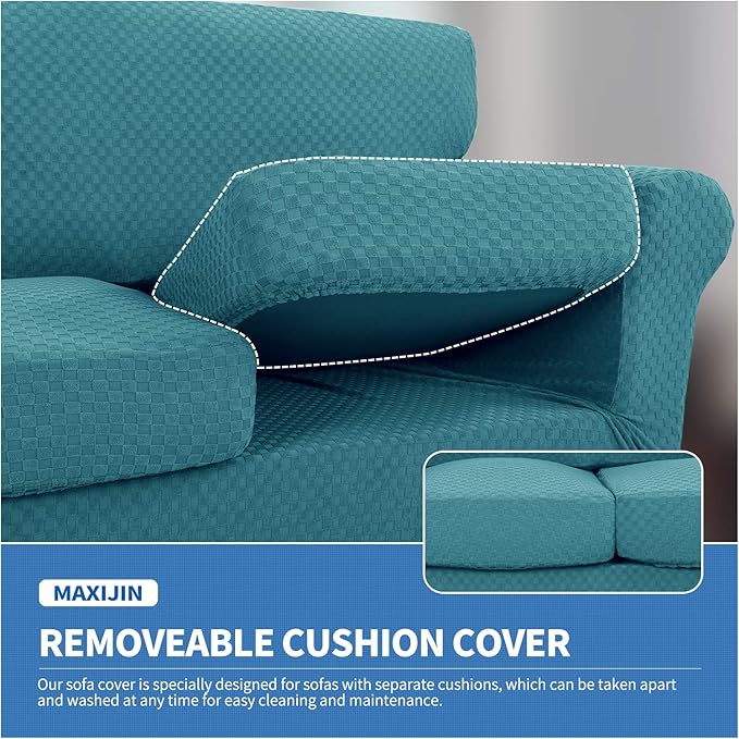 MAXIJIN 3 Piece Jacquard Couch Covers for 2 Cushion Couch Stretch Non Slip Love Seat Couch Cover for Dogs Pet Friendly Elastic Furniture Protector Loveseat Slipcovers (Loveseat, Peacock Blue)