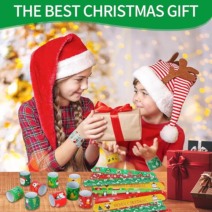96 PCS Christmas Party Favors for Kids Bulk,Treats Bags Slap Bracelets Holiday Slap Bracelet Trinkets for kids School Classroom Students ,Goody Goodies Bag Stocking Stuffers Gifts Toys Xmas Gift
