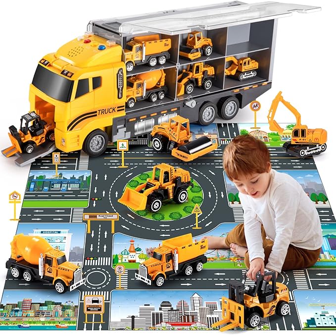 Toddler Toys for 3-9 Years Old Boys, Construction Toys Car Transport Vehicle W/Play Mat 3 4 5 6