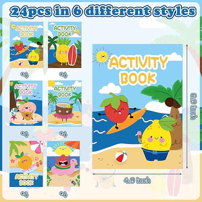 Summer Activity Books for Kids - 24Pcs Coloring Fruits Books Set Bulk Summer Tropical Search Mazes Word Scramble Games Mini Books for Party Goodie Bags Stuffers School Classroom Favors