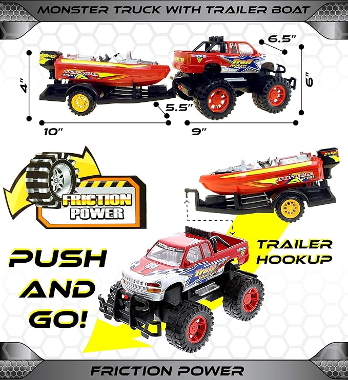 Mozlly Monster Truck Toys Set with Trailer Toy Boat - Friction Powered Hauling Truck and Trailer Toy, Big Toy Monster Truck with Boat 9 Inch