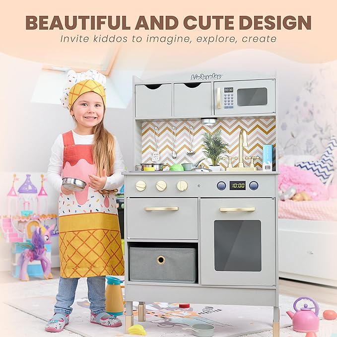 Wooden Play Kitchen for Toddlers - Kids Kitchen Playset with Accessories - Toy Kitchen Set for Kids, Kitchen Set for Toddlers 3-5 with Real Lights & Sounds, Toddler Kitchen Playset, GS0059-1