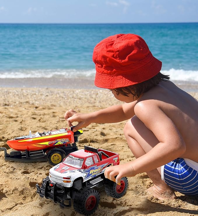 Mozlly Monster Truck Toys Set with Trailer Toy Boat - Friction Powered Hauling Truck and Trailer Toy, Big Toy Monster Truck with Boat 9 Inch