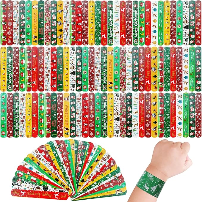 96 PCS Christmas Party Favors for Kids Bulk,Treats Bags Slap Bracelets Holiday Slap Bracelet Trinkets for kids School Classroom Students ,Goody Goodies Bag Stocking Stuffers Gifts Toys Xmas Gift