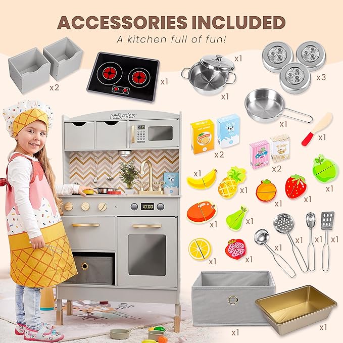 Wooden Play Kitchen for Toddlers - Kids Kitchen Playset with Accessories - Toy Kitchen Set for Kids, Kitchen Set for Toddlers 3-5 with Real Lights & Sounds, Toddler Kitchen Playset, GS0059-1