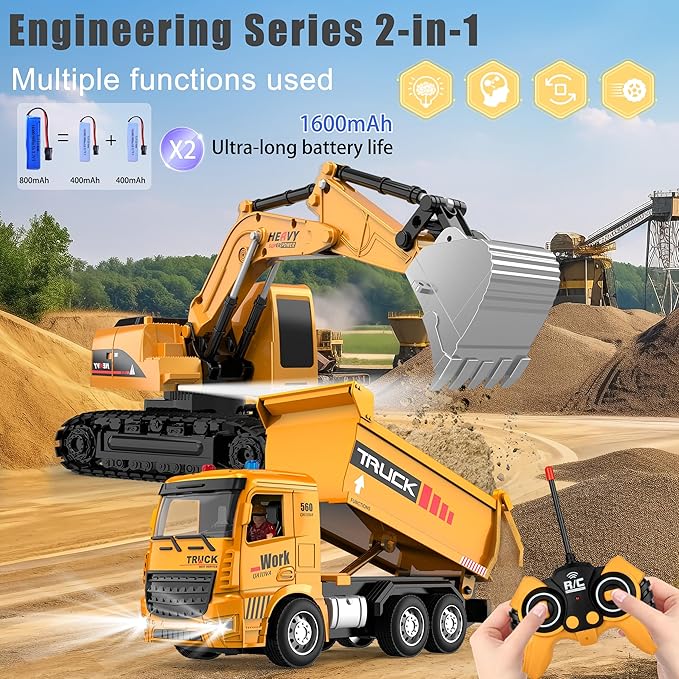 YAYYAY 2 Pack Construction Toy Trucks - Remote Control Excavator 6 7 8+