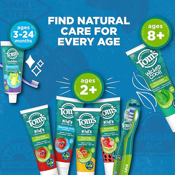 Tom’s of Maine Anticavity Kids Natural Toothpaste Variety Pack, Strawberry, Orange Mango, Watermelon Flavors, Kids Toothpaste with Fluoride, Safe for Ages 2 and Up, 5.1 oz (Pack of 3)