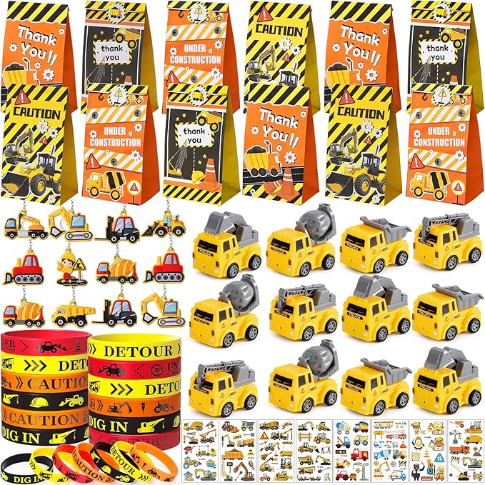 Winrayk Construction Party Favors Construction Birthday Party Supplies, Construction Truck Toy Gift Bag Bracelet Keychain Tattoo Sticker, Kids Construction Games Prize Pinata Filler Goody Bag Stuffers