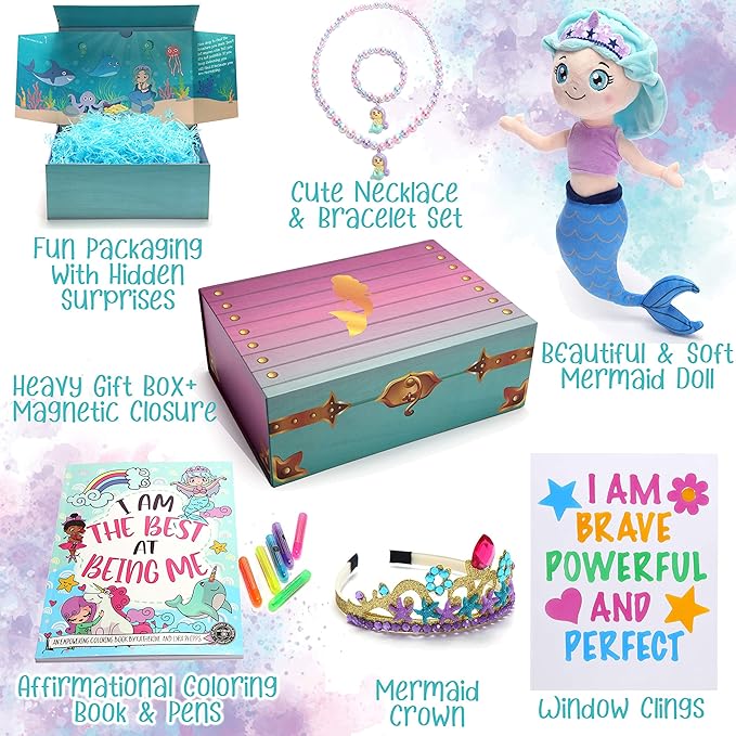 The Memory Building Company Kids Toys - Large Mermaid Surprise Box w/Mermaid Plush, Coloring Book and Markers, Jewelry and Crown Headband - Easter Basket Stuffers Birthday Gift for Girls Age 6 & Up