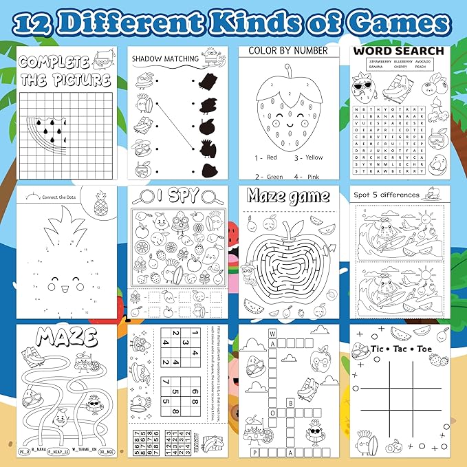 Summer Activity Books for Kids - 24Pcs Coloring Fruits Books Set Bulk Summer Tropical Search Mazes Word Scramble Games Mini Books for Party Goodie Bags Stuffers School Classroom Favors