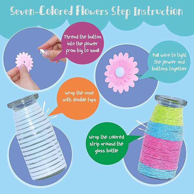 SpriteGru Flower Craft Kit for Kids,Make Your Own Flower Bouquet with Buttons,DIY Activity Gift for Boys & Girls Age 4 5 6 7 8 9 10 Year Old(2 Bouquets and 1 Glass Vase)
