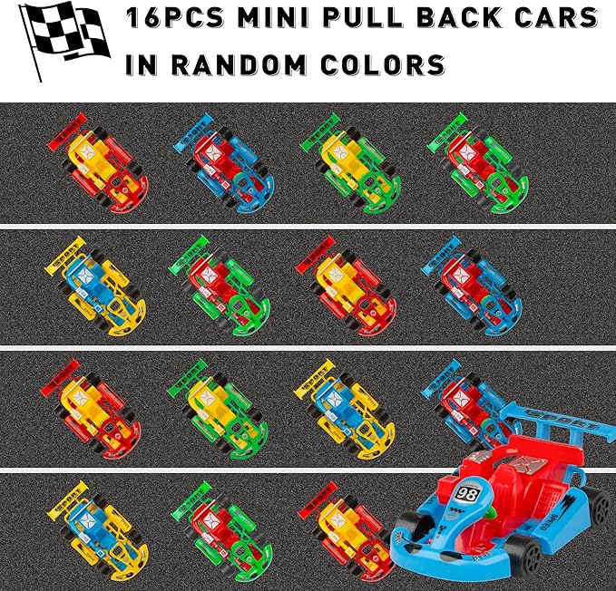PROLOSO 16PCS Mini Go Karts Wind Up Car Assorted Little