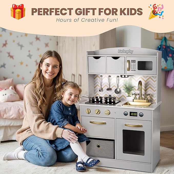 Wooden Play Kitchen for Toddlers - Kids Kitchen Playset with Accessories - Toy Kitchen Set for Kids, Kitchen Set for Toddlers 3-5 with Real Lights & Sounds, Toddler Kitchen Playset, GS0059-1