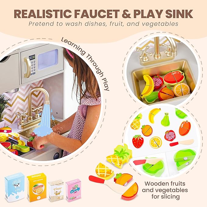 Wooden Play Kitchen for Toddlers - Kids Kitchen Playset with Accessories - Toy Kitchen Set for Kids, Kitchen Set for Toddlers 3-5 with Real Lights & Sounds, Toddler Kitchen Playset, GS0059-1