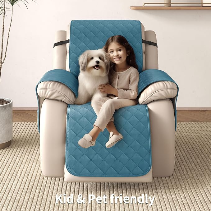 CHUN YI Recliner Chair Cover, Non-Slip Recliner Covers That Stay in Place, Washable Lazy Boy Recliner Covers with Pockets, Water Resistant Recliner Slipcover for Pets (Blue, Large Recliner)