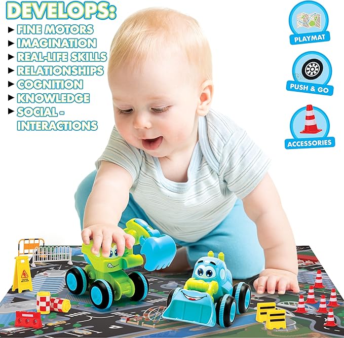Toys for 3 Year Old Boy - 4 Friction Powered Trucks for 3+ Year Old Boys, Playmat & 16 Accessories