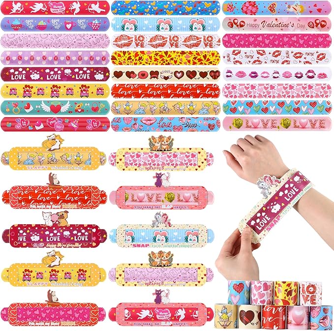 Valentines Day Gifts for Kids,24Packs Valentines Cards with Slap Bracelets Bulk,Cute Valentines Bracelet for Classroom Prizes,School Exchange Gifts Party Favors,Goodie Bags Stuffers