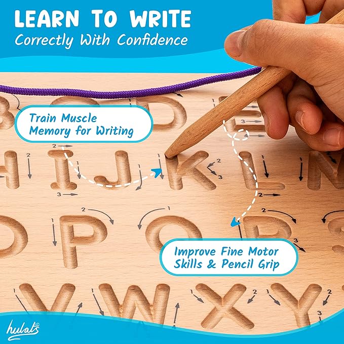 Learn to Write - Portable Wooden Alphabet Letter Tracing Sensory Pad - Handwriting Practice for Kids 3-5 - Montessori Toys for 3+ Year Old - Alphabet Tracing Board - Travel Toy for Toddlers 3-5