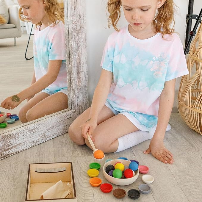 Ulanik Balls on Plates Toddler Montessori Toys for 1+ Year Old Kids Wooden Matching Game for Learning Color Sorting and Counting β 12 Balls, 1.18 in