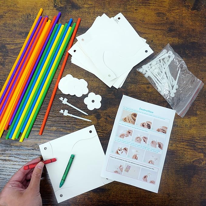 4E's Novelty DIY Pinwheels Craft for Kids (24 Pack) Color Your Own White Pinwheels, Bulk Summer Craft Kit for Boys & Girls, Arts and Craft Party Activity, Patriotic 4th of July Crafts