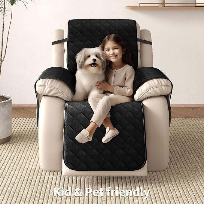CHUN YI Recliner Chair Cover, Non-Slip Recliner Covers That Stay in Place, Washable Lazy Boy Recliner Covers with Pockets, Water Resistant Recliner Slipcover for Pets (Black, Large Recliner)