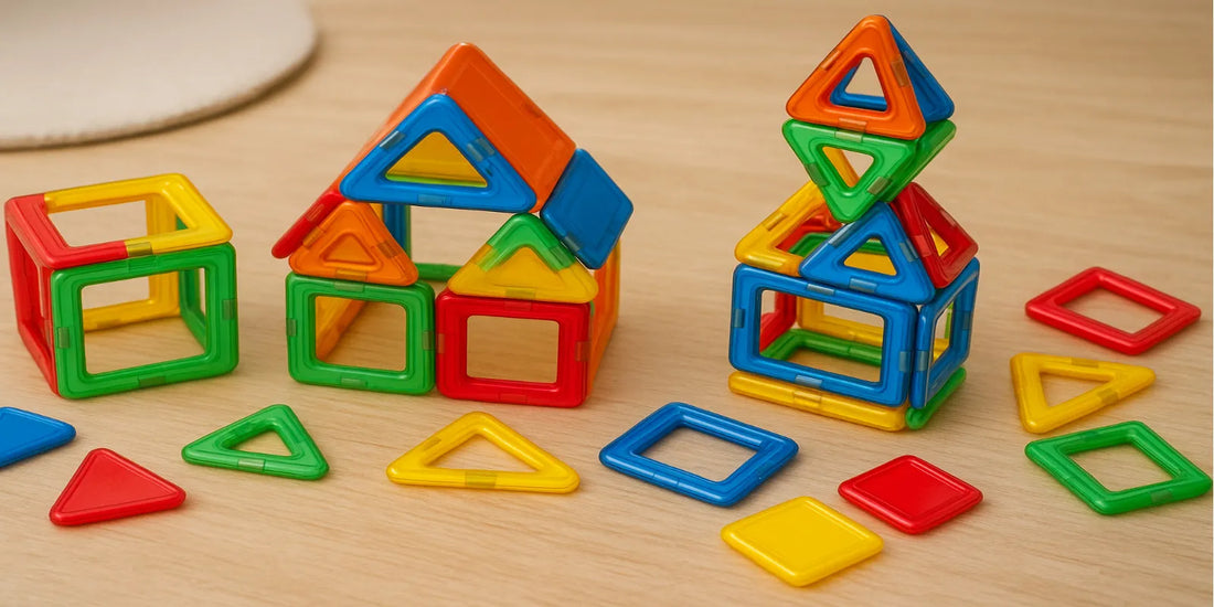 A colorful set of magnetic building blocks arranged in creative structures on a wooden surface, ideal for toddler sensory and Montessori play.