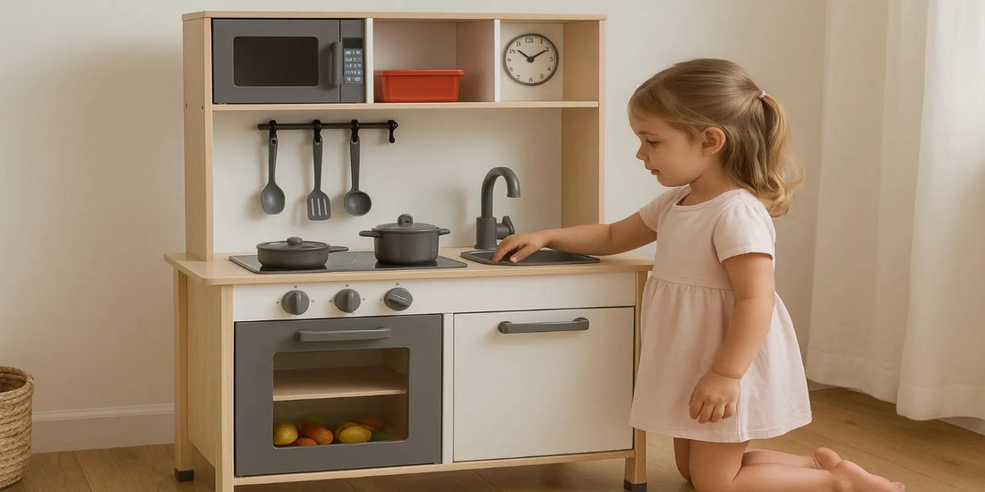 ChatGPT의 말: Girl in pink dress playing with a wooden toy kitchen set with pots and utensils in a softly lit room.