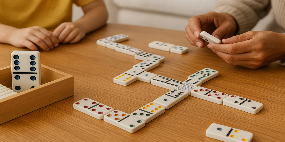 A family plays a colorful double-six dominoes game on a wooden table, with an open storage box and both child and adult hands visible.