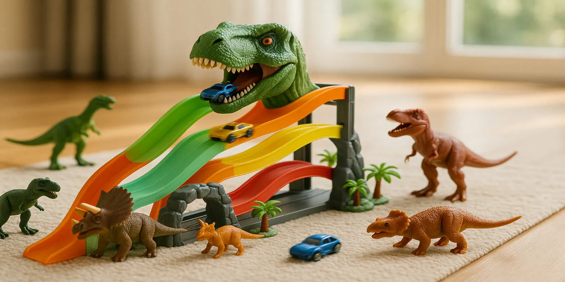 Dinosaur-themed toy car ramp with four colorful tracks and a green T-Rex head, cars racing and plastic dino figures on a rug.