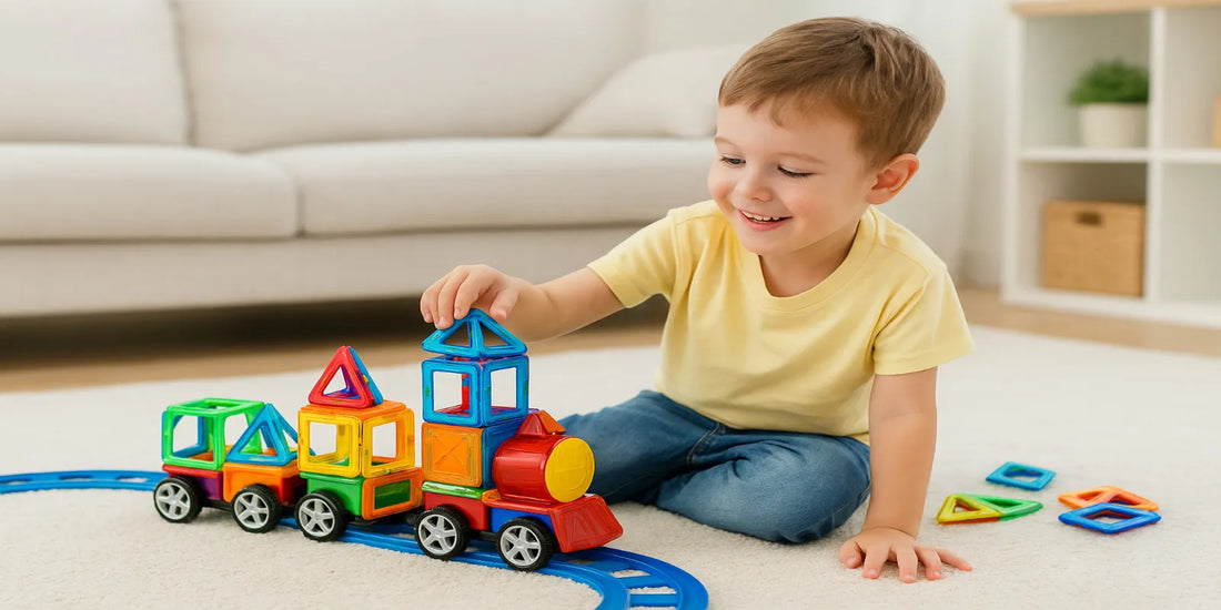 A young boy sits on a rug, smiling as he builds a colorful magnetic blocks train set with tracks in a bright living room.