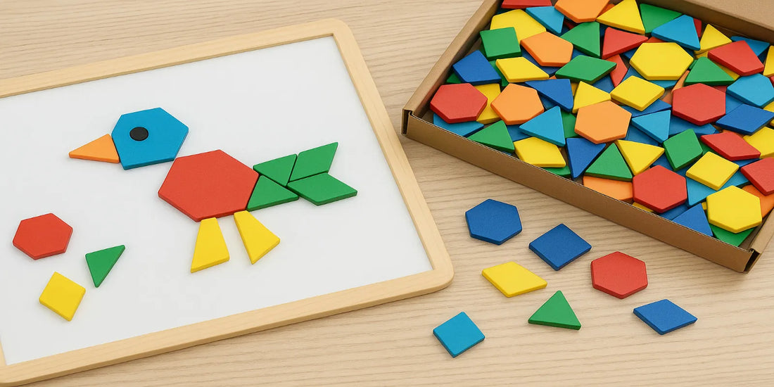 Wooden magnetic pattern blocks set with 288 colorful shapes and a design board, perfect for kids’ STEM learning and creative play activities in 2025.