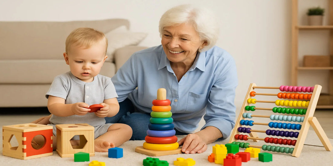 Smiling senior woman playing with her grandchild using wooden blocks, rainbow stacker, and abacus, showing safe and educational toy ideas.