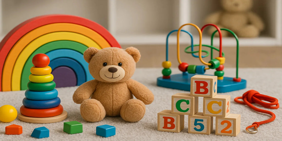Colorful children’s play area with educational toys, including a teddy bear, rainbow stacker, alphabet blocks, and bead maze on a soft carpet.