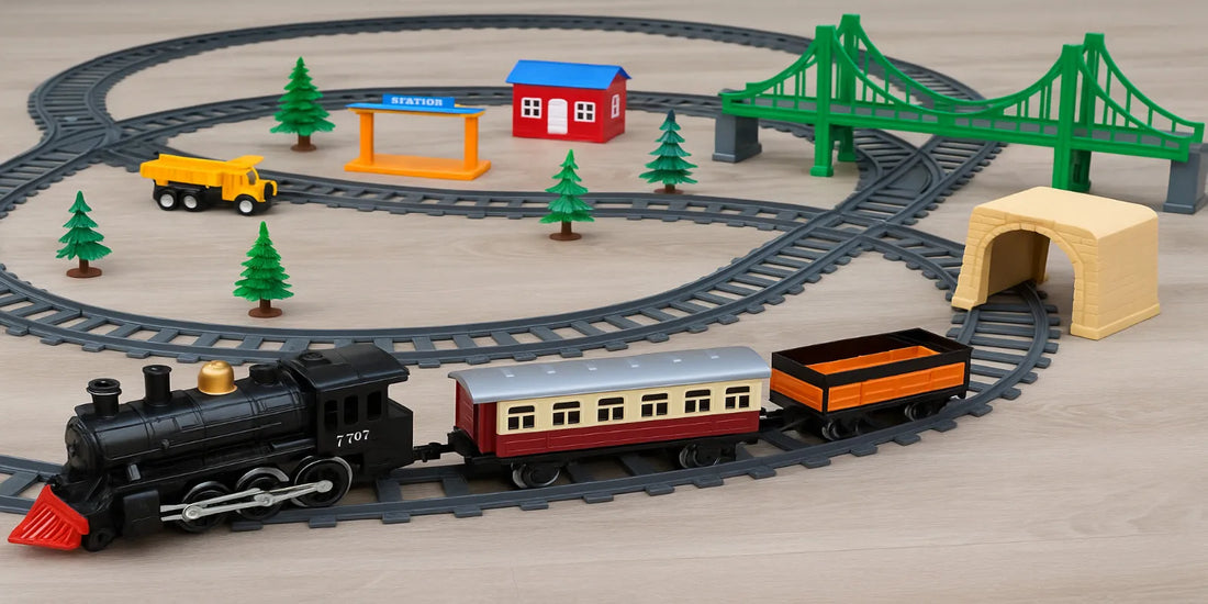 Toy train set with black locomotive, red and cream passenger car, and orange wagon on tracks, surrounded by bridge, tunnel, station, trees, and truck.