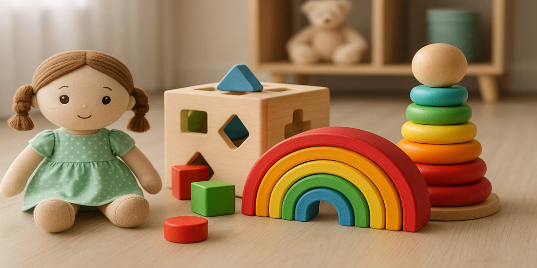 Wooden rainbow, stacking rings, shape cube, and doll arranged on a bright playroom floor for kids.