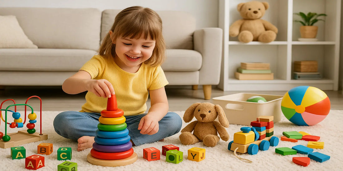Young girl sitting on a rug, happily playing with colorful wooden stacking rings, blocks, and toys in a bright living room.