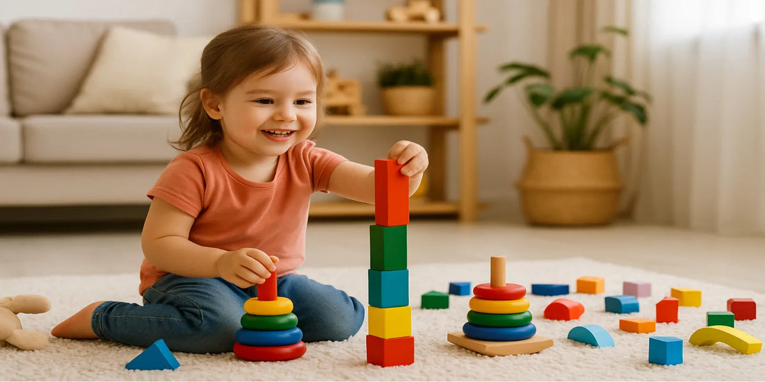 Smiling young girl sitting on a rug, stacking colorful wooden blocks and playing with toys in a bright, cozy living room.